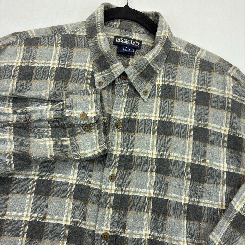 Lands’ End Flannel Shirt Mens XL Gray Plaid Button Down Cotton Long Sleeve